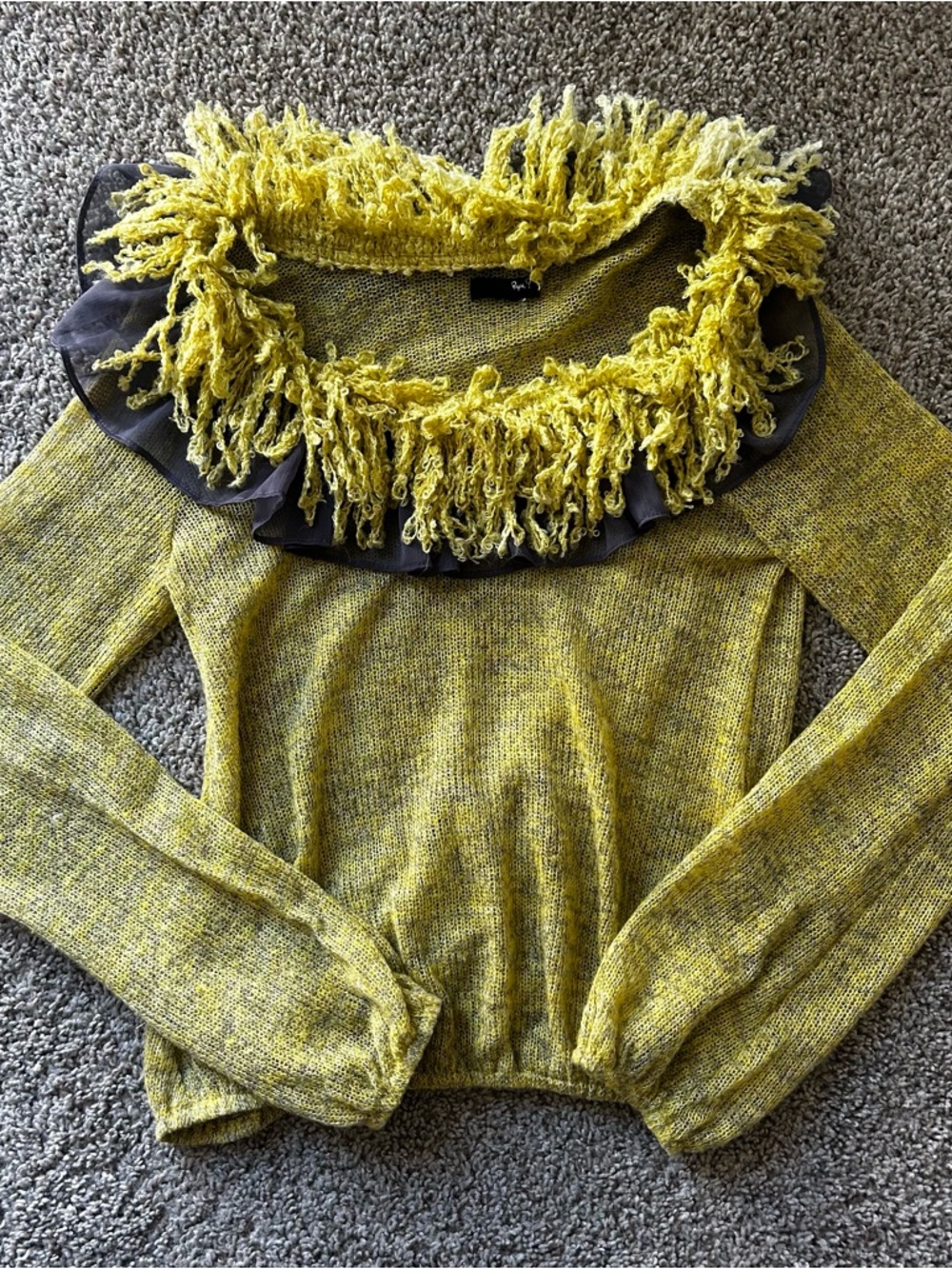 Ryu Yellow Green Fringe-Trim Cowl Neck Sweater